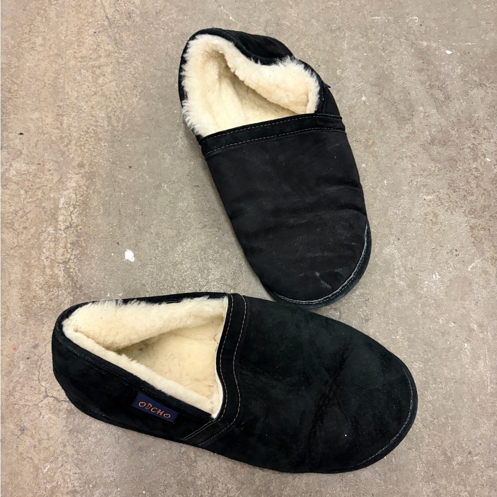 Men's Black‎ Slippers genuine suede shearling